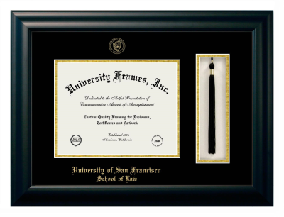 University of San Francisco School of Law Diploma with Tassel Box Frame in Satin Black with Black & Gold Mats for DOCUMENT: 8 1/2"H X 11"W  