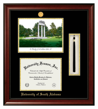 Double Opening with Campus Image & Tassel Box (Stacked) Frame in Avalon Mahogany with Black & Gold Mats for DOCUMENT: 8 1/2"H X 11"W  