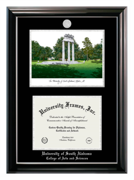 Double Opening with Campus Image (Stacked) Frame in Classic Ebony with Silver Trim with Black & Silver Mats for DOCUMENT: 8 1/2"H X 11"W  