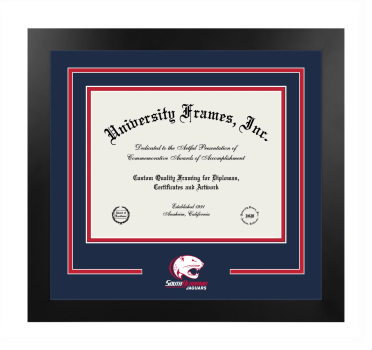 Logo Mat Frame in Manhattan Black with Navy Blue & Red Mats for DOCUMENT: 8 1/2"H X 11"W  