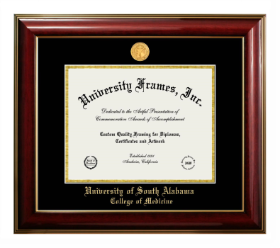 University of South Alabama College of Medicine Diploma Frame in Classic Mahogany with Gold Trim with Black & Gold Mats for DOCUMENT: 8 1/2"H X 11"W  