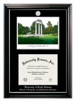 Double Opening with Campus Image (Stacked) Frame in Classic Ebony with Silver Trim with Black & Silver Mats for DOCUMENT: 8 1/2"H X 11"W  