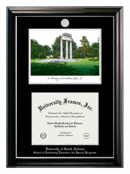 Double Opening with Campus Image (Stacked) Frame in Classic Ebony with Silver Trim with Black & Silver Mats for DOCUMENT: 8 1/2"H X 11"W  