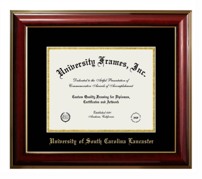 University of South Carolina Lancaster Diploma Frame in Classic Mahogany with Gold Trim with Black & Gold Mats for DOCUMENT: 8 1/2"H X 11"W  