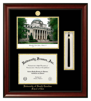 Double Opening with Campus Image & Tassel Box (Stacked) Frame in Avalon Mahogany with Black & Gold Mats for DOCUMENT: 8 1/2"H X 11"W  