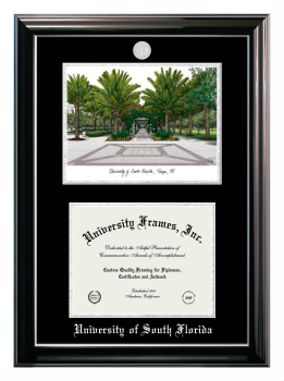 Double Opening with Campus Image (Stacked) Frame in Classic Ebony with Silver Trim with Black & Silver Mats for DOCUMENT: 8 1/2"H X 11"W  