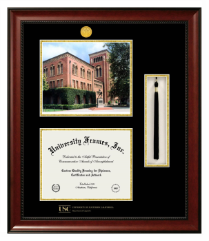 Double Opening with Campus Image & Tassel Box (Stacked) Frame in Avalon Mahogany with Black & Gold Mats for DOCUMENT: 8 1/2"H X 11"W  