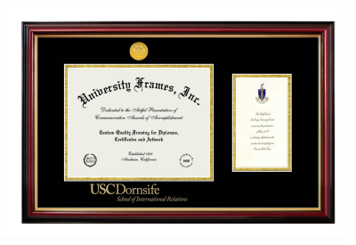 Diploma with Announcement Frame in Petite Mahogany with Gold Trim with Black & Gold Mats for DOCUMENT: 8 1/2"H X 11"W  ,  7"H X 4"W  