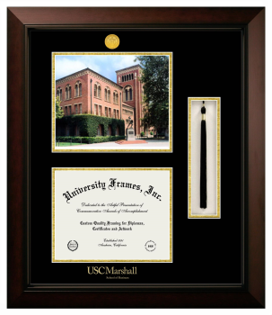 Double Opening with Campus Image & Tassel Box (Stacked) Frame in Legacy Black Cherry with Black & Gold Mats for DOCUMENT: 8 1/2"H X 11"W  