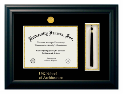 University of Southern California School of Architecture Diploma with Tassel Box Frame in Satin Black with Black & Gold Mats for DOCUMENT: 8 1/2"H X 11"W  