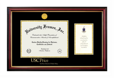 Diploma with Announcement Frame in Petite Mahogany with Gold Trim with Black & Gold Mats for DOCUMENT: 8 1/2"H X 11"W  ,  7"H X 4"W  