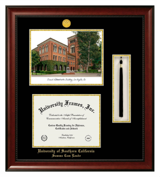 Double Opening with Campus Image & Tassel Box (Stacked) Frame in Avalon Mahogany with Black & Gold Mats for DOCUMENT: 8 1/2"H X 11"W  