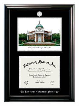 Double Opening with Campus Image (Stacked) Frame in Classic Ebony with Silver Trim with Black & Silver Mats for DOCUMENT: 8 1/2"H X 11"W  