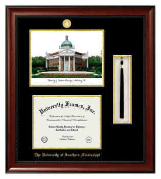 Double Opening with Campus Image & Tassel Box (Stacked) Frame in Avalon Mahogany with Black & Gold Mats for DOCUMENT: 8 1/2"H X 11"W  