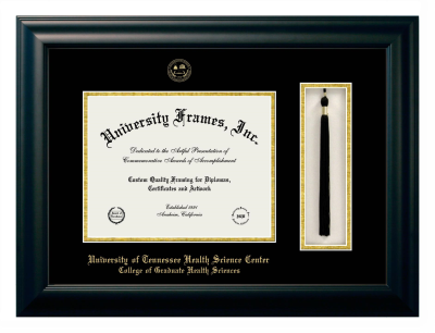 University of Tennessee Health Science Center College of Graduate Health Sciences Diploma with Tassel Box Frame in Satin Black with Black & Gold Mats for DOCUMENT: 8 1/2"H X 11"W  