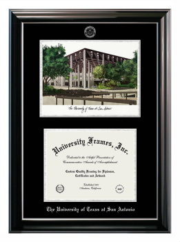 Double Opening with Campus Image (Stacked) Frame in Classic Ebony with Silver Trim with Black & Silver Mats for DOCUMENT: 8 1/2"H X 11"W  