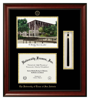 Double Opening with Campus Image & Tassel Box (Stacked) Frame in Avalon Mahogany with Black & Gold Mats for DOCUMENT: 8 1/2"H X 11"W  