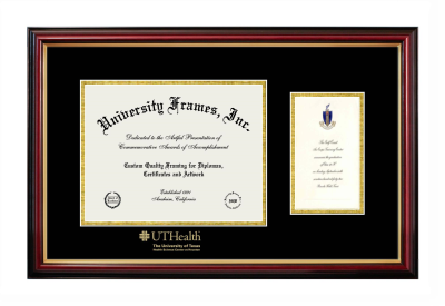 Diploma with Announcement Frame in Petite Mahogany with Gold Trim with Black & Gold Mats for DOCUMENT: 8 1/2"H X 11"W  ,  7"H X 4"W  