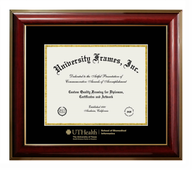 Diploma Frame in Classic Mahogany with Gold Trim with Black & Gold Mats for DOCUMENT: 8 1/2"H X 11"W  