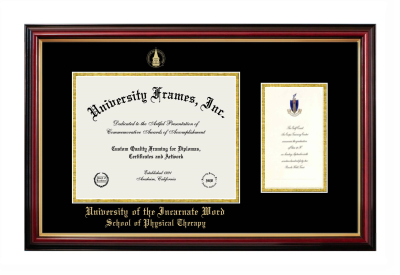 Diploma with Announcement Frame in Petite Mahogany with Gold Trim with Black & Gold Mats for DOCUMENT: 8 1/2"H X 11"W  ,  7"H X 4"W  