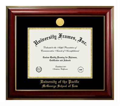 University of the Pacific McGeorge School of Law Diploma Frame in Classic Mahogany with Gold Trim with Black & Gold Mats for DOCUMENT: 8 1/2"H X 11"W  