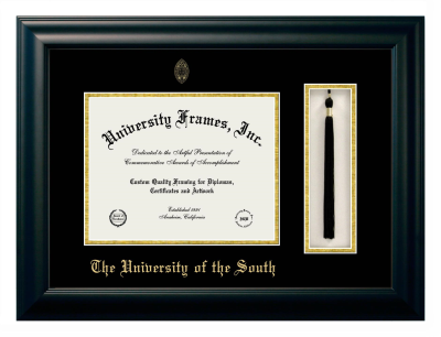 University of the South Diploma with Tassel Box Frame in Satin Black with Black & Gold Mats for DOCUMENT: 8 1/2"H X 11"W  