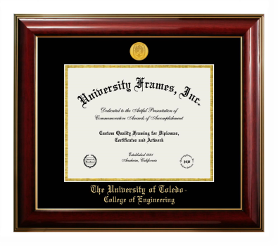 University of Toledo College of Engineering Diploma Frame in Classic Mahogany with Gold Trim with Black & Gold Mats for DOCUMENT: 8 1/2"H X 11"W  