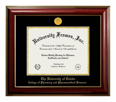 University of Toledo College of Pharmacy and Pharmaceutical Sciences Diploma Frame in Classic Mahogany with Gold Trim with Black & Gold Mats for DOCUMENT: 8 1/2"H X 11"W  