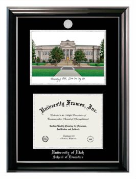 Double Opening with Campus Image (Stacked) Frame in Classic Ebony with Silver Trim with Black & Silver Mats for DOCUMENT: 8 1/2"H X 11"W  