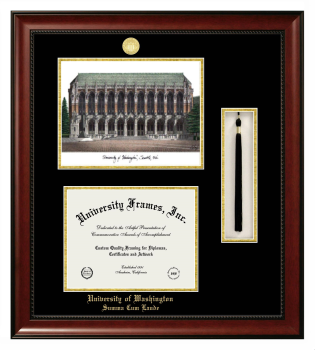 Double Opening with Campus Image & Tassel Box (Stacked) Frame in Avalon Mahogany with Black & Gold Mats for DOCUMENT: 8 1/2"H X 11"W  