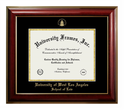 University of West Los Angeles School of Law Diploma Frame in Classic Mahogany with Gold Trim with Black & Gold Mats for DOCUMENT: 8 1/2"H X 11"W  