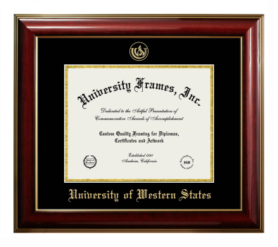 University of Western States Diploma Frame in Classic Mahogany with Gold Trim with Black & Gold Mats for DOCUMENT: 8 1/2"H X 11"W  