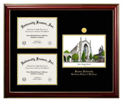 Triple Opening with Campus Image Frame in Classic Mahogany with Gold Trim with Black & Gold Mats for DOCUMENT: 8 1/2"H X 11"W  , DOCUMENT: 8 1/2"H X 11"W  