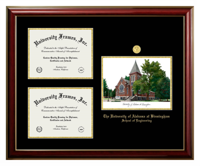 Triple Opening with Campus Image Frame in Classic Mahogany with Gold Trim with Black & Gold Mats for DOCUMENT: 8 1/2"H X 11"W  , DOCUMENT: 8 1/2"H X 11"W  