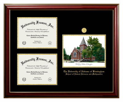 Triple Opening with Campus Image Frame in Classic Mahogany with Gold Trim with Black & Gold Mats for DOCUMENT: 8 1/2"H X 11"W  , DOCUMENT: 8 1/2"H X 11"W  