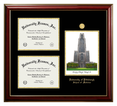 Triple Opening with Campus Image Frame in Classic Mahogany with Gold Trim with Black & Gold Mats for DOCUMENT: 8 1/2"H X 11"W  , DOCUMENT: 8 1/2"H X 11"W  