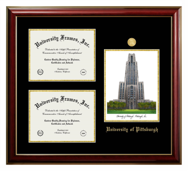 Triple Opening with Campus Image Frame in Classic Mahogany with Gold Trim with Black & Gold Mats for DOCUMENT: 8 1/2"H X 11"W  , DOCUMENT: 8 1/2"H X 11"W  