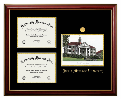 James Madison University Triple Opening with Campus Image Frame in Classic Mahogany with Gold Trim with Black & Gold Mats for DOCUMENT: 8 1/2"H X 11"W  , DOCUMENT: 8 1/2"H X 11"W  