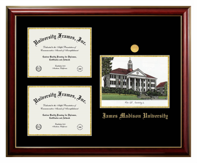 Triple Opening with Campus Image Frame in Classic Mahogany with Gold Trim with Black & Gold Mats for DOCUMENT: 8 1/2"H X 11"W  , DOCUMENT: 8 1/2"H X 11"W  