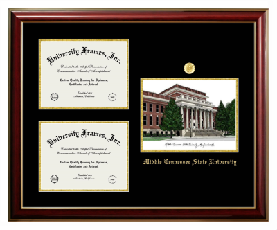 Triple Opening with Campus Image Frame in Classic Mahogany with Gold Trim with Black & Gold Mats for DOCUMENT: 8 1/2"H X 11"W  , DOCUMENT: 8 1/2"H X 11"W  