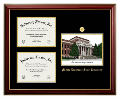 Middle Tennessee State University Triple Opening with Campus Image Frame in Classic Mahogany with Gold Trim with Black & Gold Mats for DOCUMENT: 8 1/2"H X 11"W  , DOCUMENT: 8 1/2"H X 11"W  