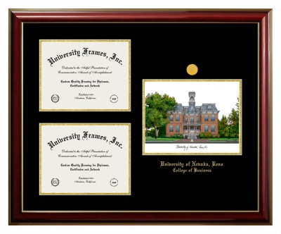 Triple Opening with Campus Image Frame in Classic Mahogany with Gold Trim with Black & Gold Mats for DOCUMENT: 8 1/2"H X 11"W  , DOCUMENT: 8 1/2"H X 11"W  