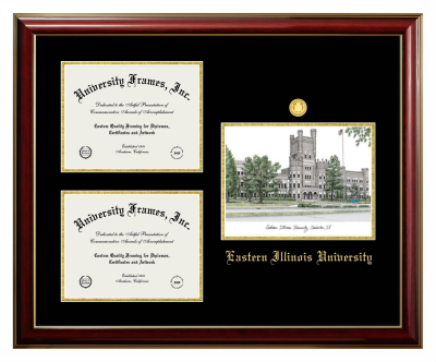 Triple Opening with Campus Image Frame in Classic Mahogany with Gold Trim with Black & Gold Mats for DOCUMENT: 8 1/2"H X 11"W  , DOCUMENT: 8 1/2"H X 11"W  