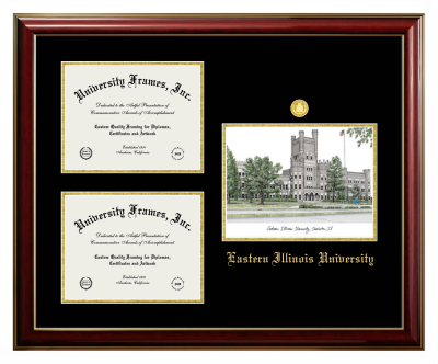 Eastern Illinois University Triple Opening with Campus Image Frame in Classic Mahogany with Gold Trim with Black & Gold Mats for DOCUMENT: 8 1/2"H X 11"W  , DOCUMENT: 8 1/2"H X 11"W  