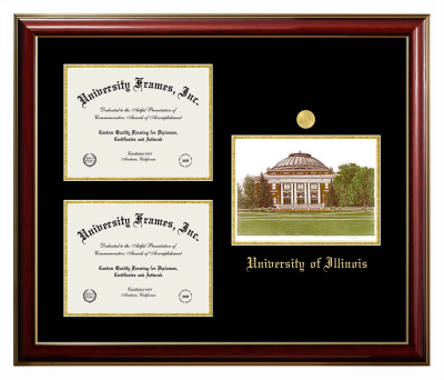 Triple Opening with Campus Image Frame in Classic Mahogany with Gold Trim with Black & Gold Mats for DOCUMENT: 8 1/2"H X 11"W  , DOCUMENT: 8 1/2"H X 11"W  