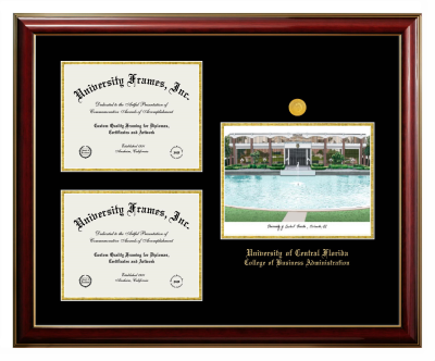 Triple Opening with Campus Image Frame in Classic Mahogany with Gold Trim with Black & Gold Mats for DOCUMENT: 8 1/2"H X 11"W  , DOCUMENT: 8 1/2"H X 11"W  