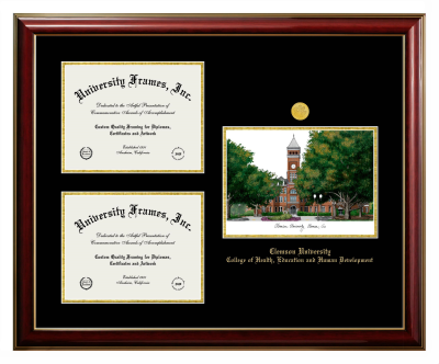 Triple Opening with Campus Image Frame in Classic Mahogany with Gold Trim with Black & Gold Mats for DOCUMENT: 8 1/2"H X 11"W  , DOCUMENT: 8 1/2"H X 11"W  