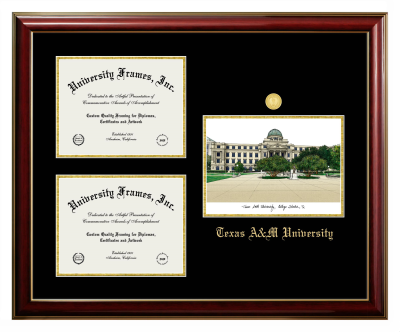 Triple Opening with Campus Image Frame in Classic Mahogany with Gold Trim with Black & Gold Mats for DOCUMENT: 8 1/2"H X 11"W  , DOCUMENT: 8 1/2"H X 11"W  