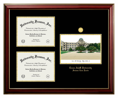 Triple Opening with Campus Image Frame in Classic Mahogany with Gold Trim with Black & Gold Mats for DOCUMENT: 8 1/2"H X 11"W  , DOCUMENT: 8 1/2"H X 11"W  