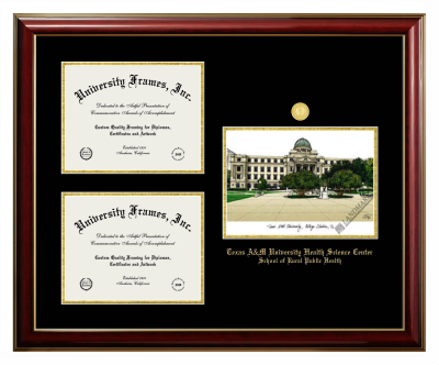 Triple Opening with Campus Image Frame in Classic Mahogany with Gold Trim with Black & Gold Mats for DOCUMENT: 8 1/2"H X 11"W  , DOCUMENT: 8 1/2"H X 11"W  